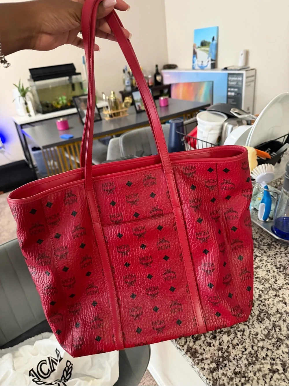MCM Red Logo Visetos Shopper Tote with Gold Plaque